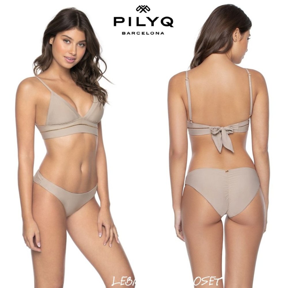 (NWT) PilyQ Kylie Stitched Halter Bikini Top Oyster Color Size Medium